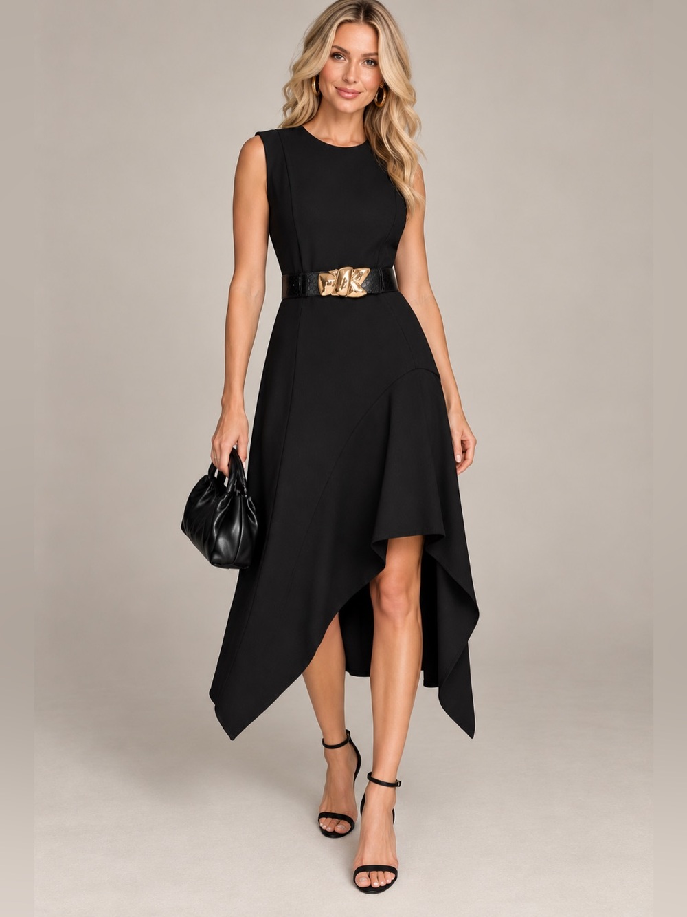 Donna Karan Black Belted Handkerchief Hem Midi Dress NWT Size 4